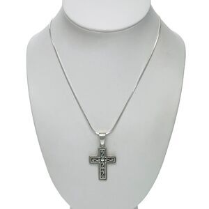 Vintage Sterling Silver 925 Scroll Design Oxidized Cross Pendant Necklace 18"